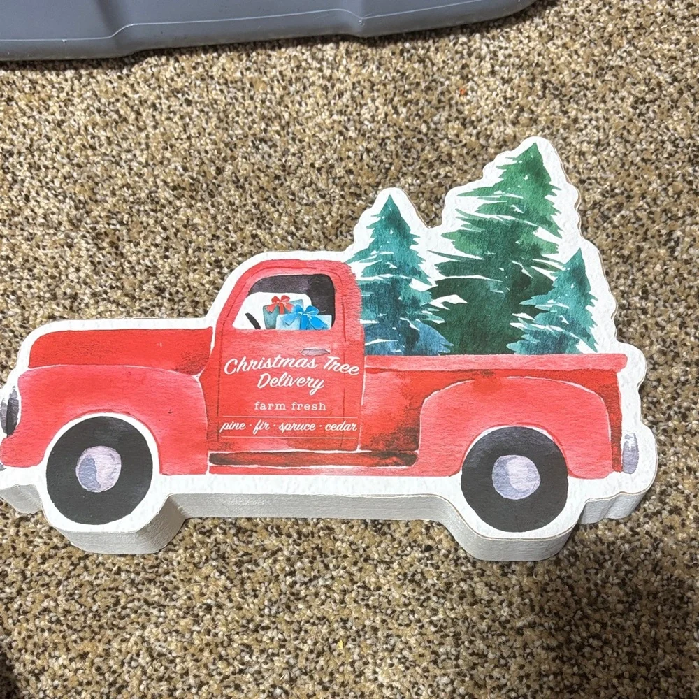 Red Christmas Tree Delivery Truck Decor 10” W X 7” h